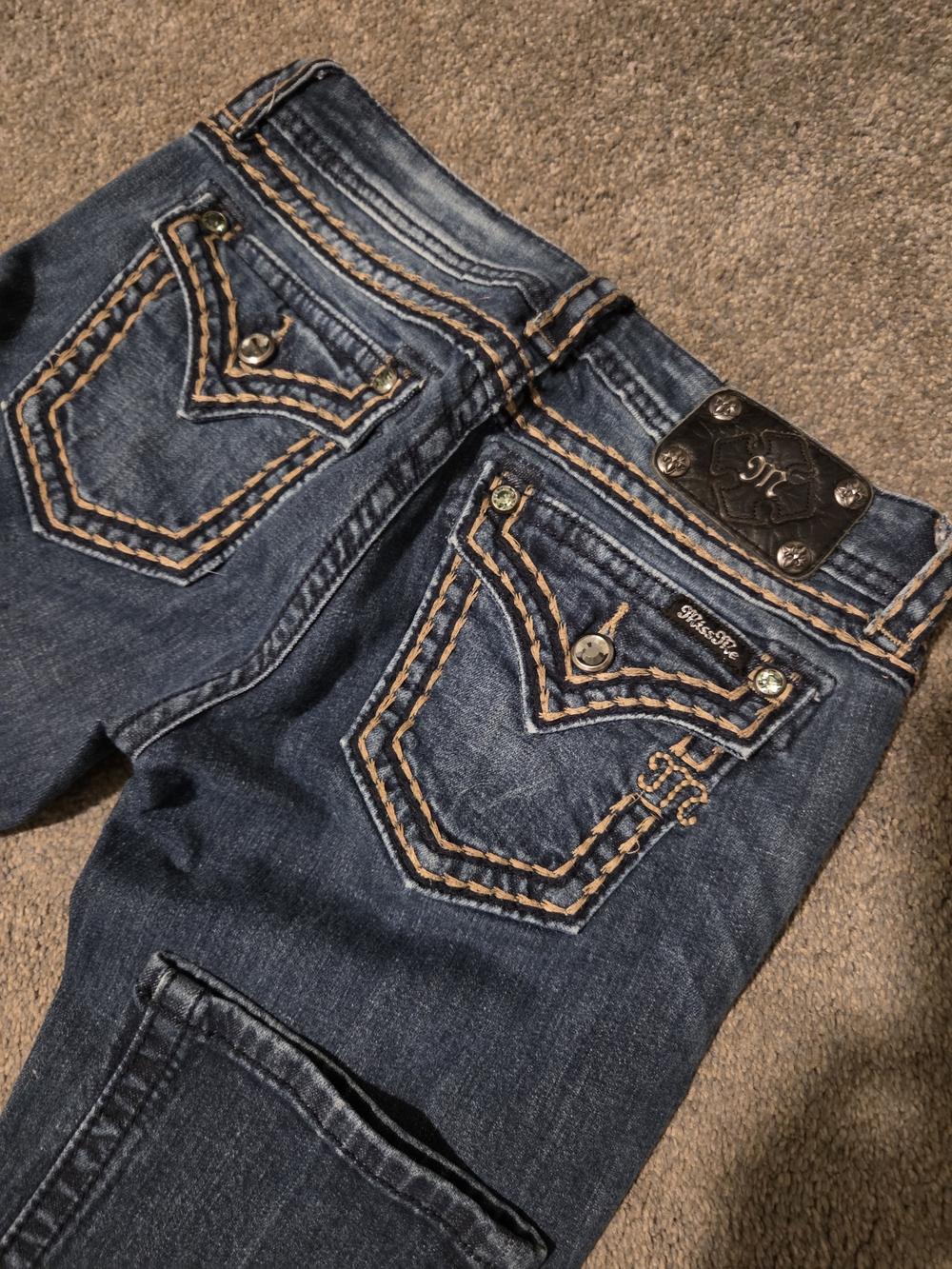 Authentic Y2K Miss Me Dark Blue Bootcut Jeans with Contrast Tan Stitching